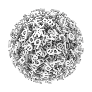 Sphere made of scattered white 3D letters, representing dyslexia and auditory processing.