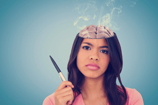 Woman holding pen with brain exposed and steam rising, brain health and fatigue concept