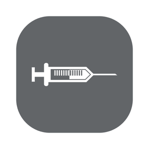 White syringe icon on rounded dark gray square, representing medical testing or injection