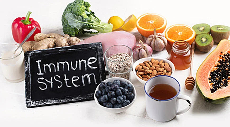 Healthy foods including fruits, nuts, and vegetables for immune system support