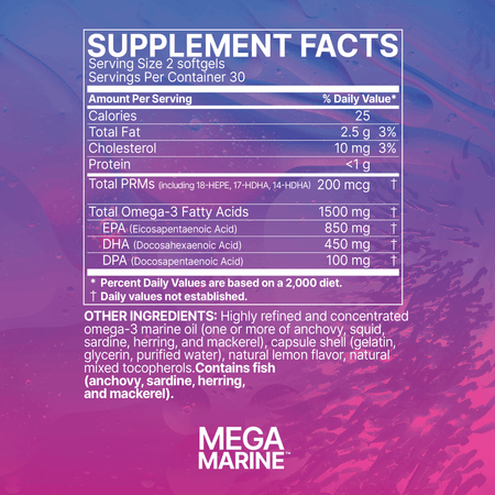 Supplement facts label for omega-3 fish oil softgels, Mega Marine, on purple background.