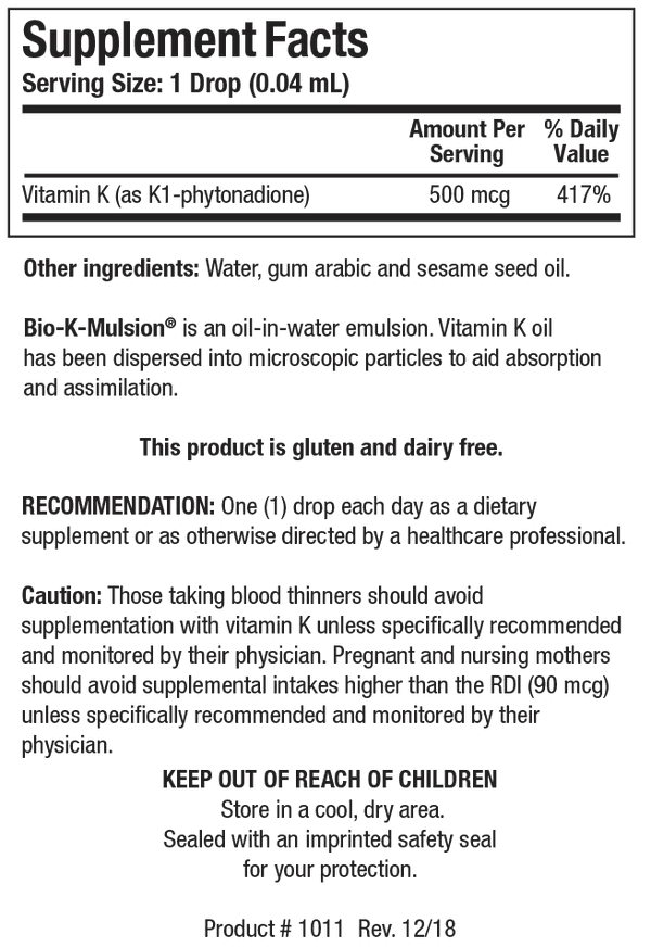Vitamin K supplement facts label showing 500mcg per drop, gluten and dairy free, usage directions.