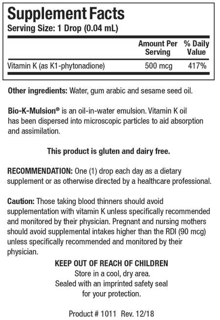 Vitamin K supplement facts label showing 500mcg per drop, gluten and dairy free, usage directions.