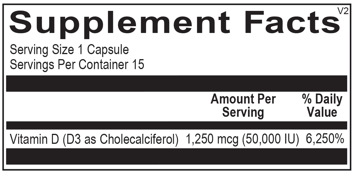 Vitamin D3 supplement facts label showing 50,000 IU per capsule, 15 servings per container.