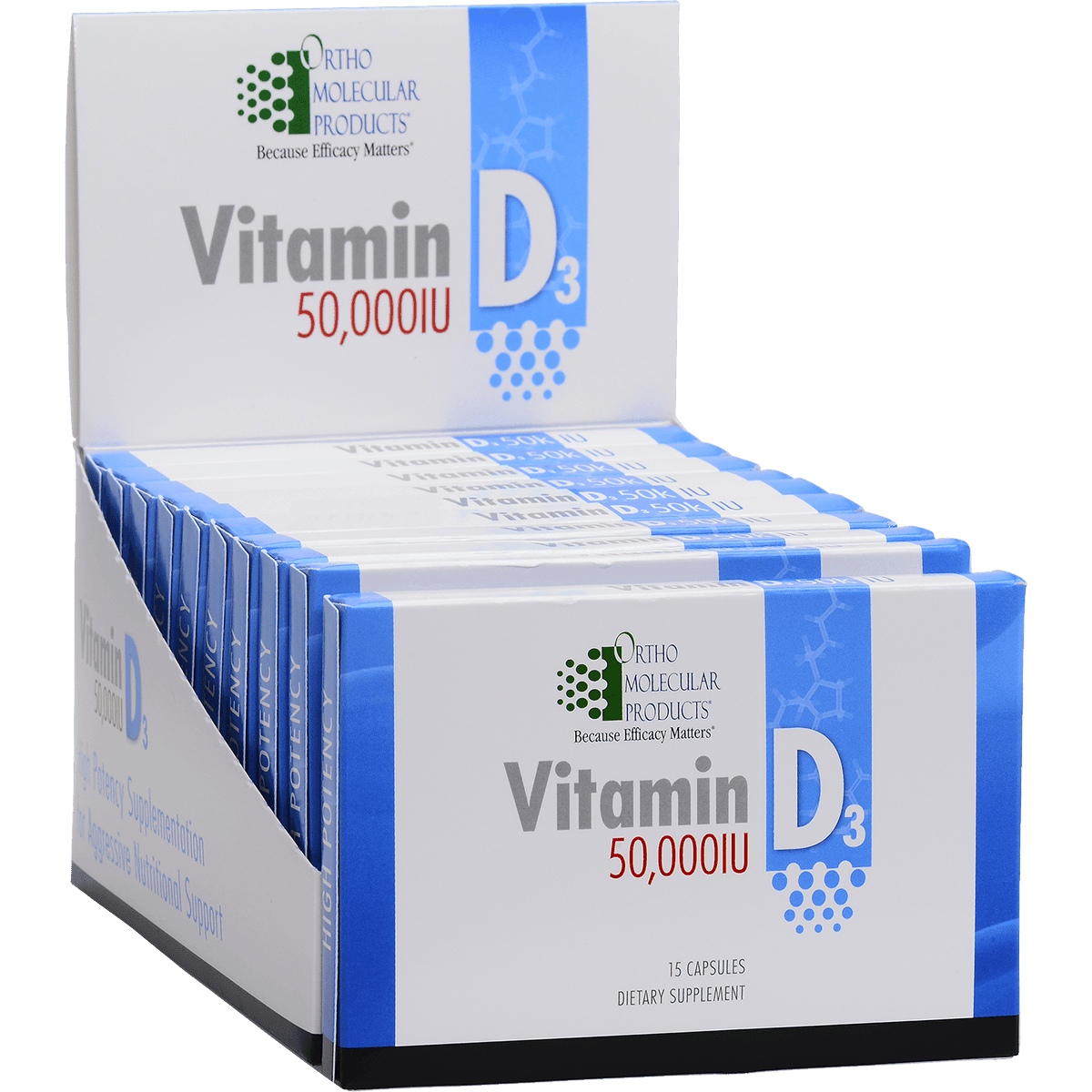 Display box of Vitamin D3 50,000 IU dietary supplement 15-capsule packs