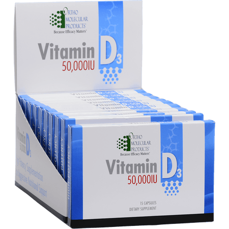 Display box of Vitamin D3 50,000 IU dietary supplement 15-capsule packs