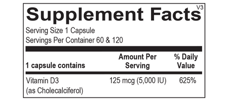 Supplement facts label for Vitamin D3 capsule, 125 mcg (5000 IU), 625% daily value.
