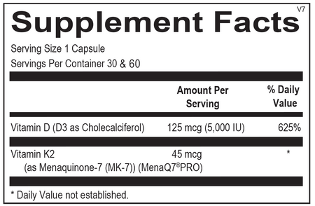 Supplement Facts label for Vitamin K2 with D3 capsules, listing dosages per serving.