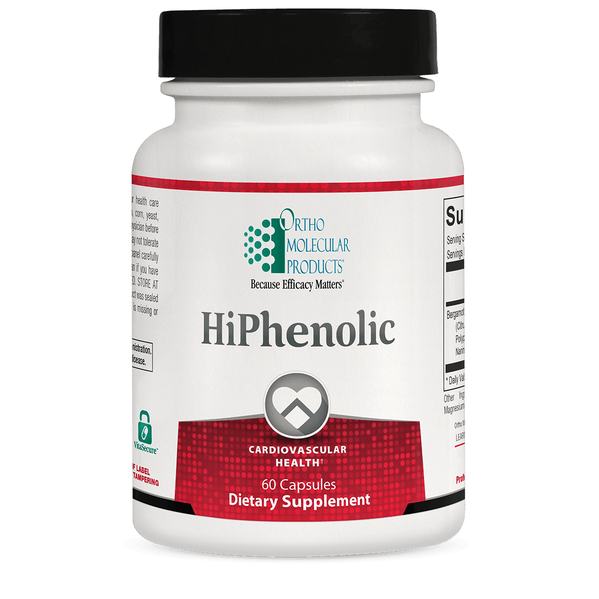 HiPhenolic dietary supplement bottle for cardiovascular health, 60 capsules, white and red label.