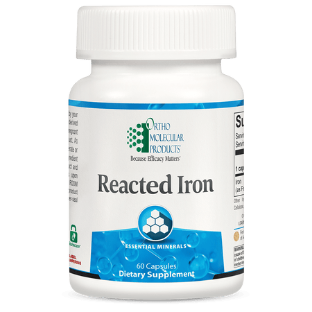 Reacted Iron dietary supplement bottle, 60 capsules, essential minerals label