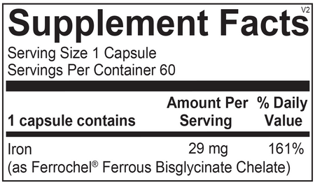 Iron supplement facts label showing 29 mg per capsule, 161% daily value, 60 servings