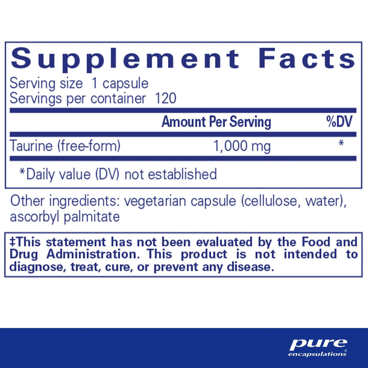 Supplement Facts label for Pure Encapsulations Taurine 1000mg capsules, 120 servings.