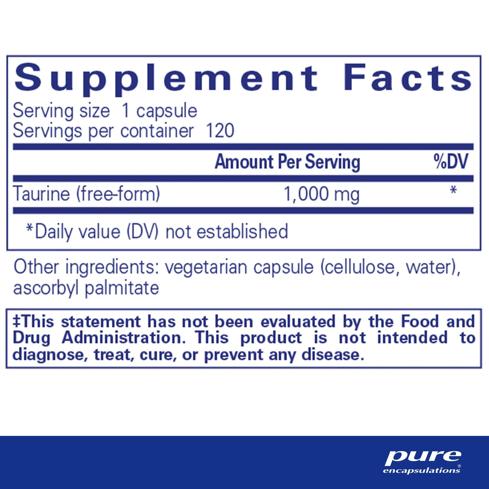 Supplement Facts label for Pure Encapsulations Taurine 1000mg capsules, 120 servings.