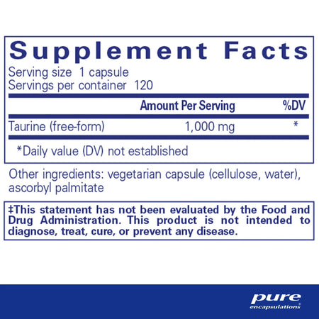 Supplement Facts label for Pure Encapsulations Taurine 1000mg capsules, 120 servings.