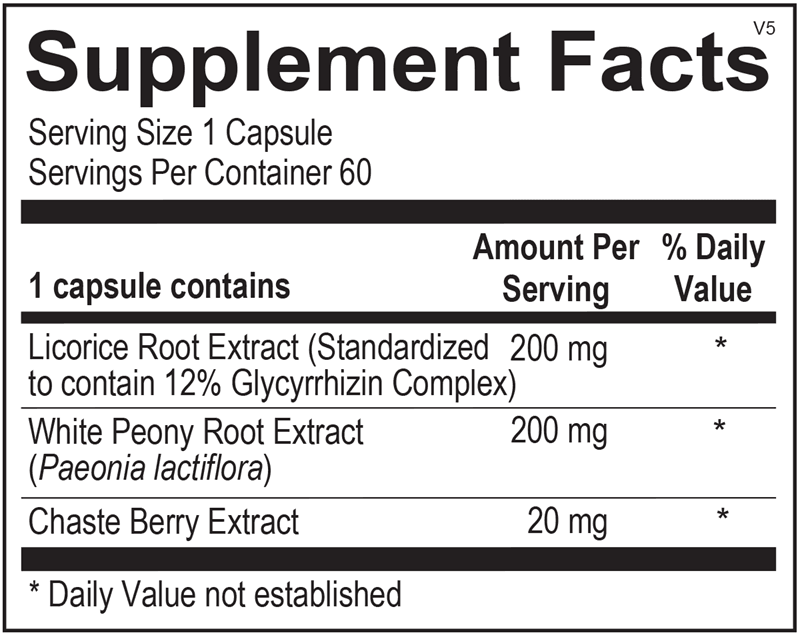 Supplement facts label showing licorice root, white peony root, and chaste berry extracts per capsule
