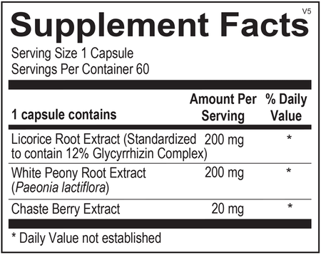 Supplement facts label showing licorice root, white peony root, and chaste berry extracts per capsule