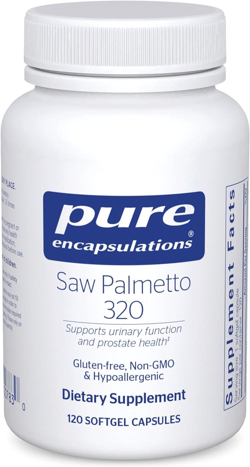 Saw Palmetto 320 dietary supplement bottle, supports urinary function and prostate health
