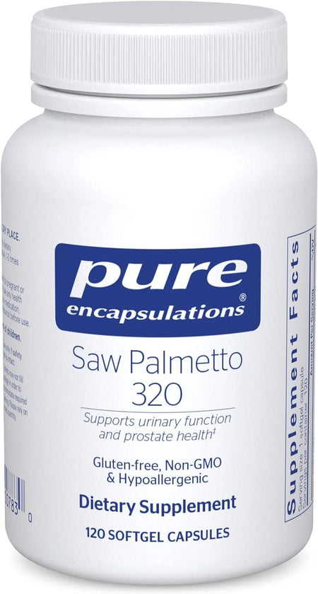 Saw Palmetto 320 dietary supplement bottle, supports urinary function and prostate health