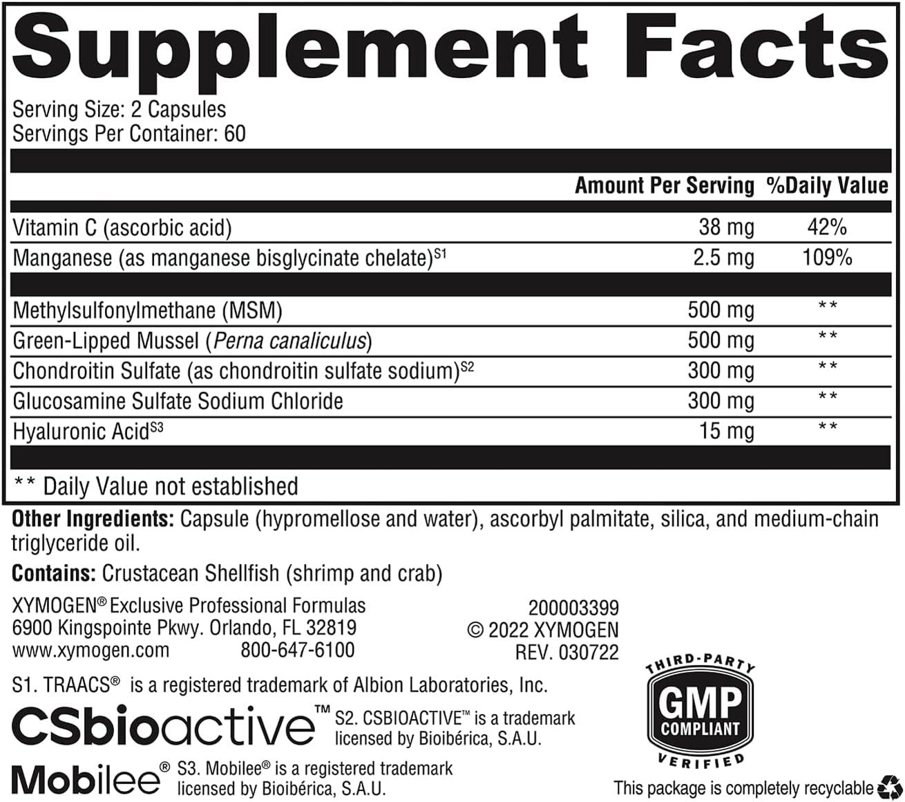 Supplement facts label showing ingredients like MSM, green-lipped mussel, chondroitin, glucosamine, hyaluronic acid, and vitamin C.