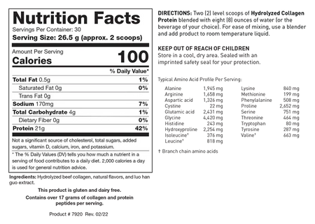 Supplement nutrition facts label showing serving size, calories, protein, and carb content.