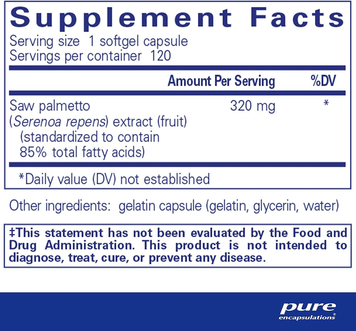 Supplement facts label for saw palmetto softgel, 320 mg per capsule, 120 count