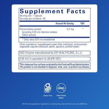 Supplement facts label for DAO enzyme capsule with porcine kidney extract, gluten free, non-GMO.