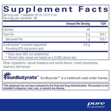 Supplement Facts label for butyrate-triglyceride supplement, lists calories, fats, ingredients.
