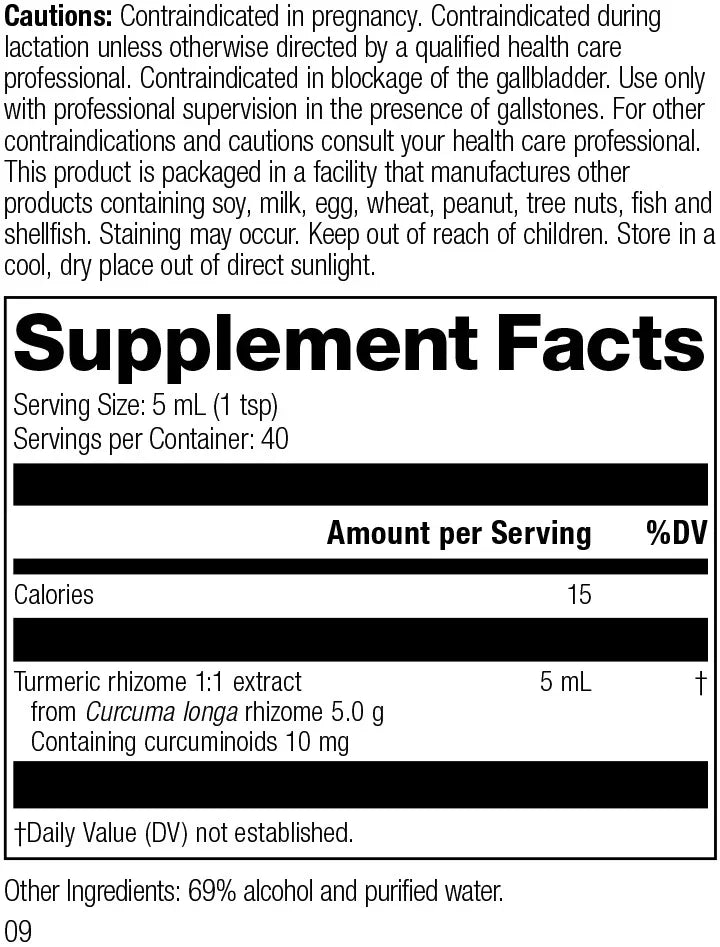 Turmeric supplement facts label showing ingredients, dosage, cautions, and nutrition details.