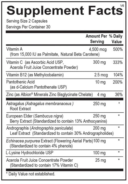 Supplement facts label listing vitamins, minerals, and herbal extracts per capsule serving.