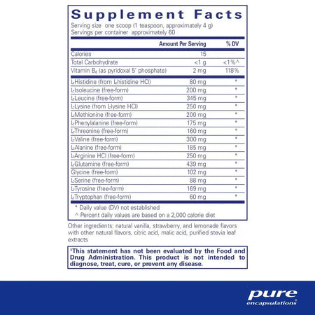 Supplement facts label for amino acid powder with ingredients, dosage, and nutrition information.