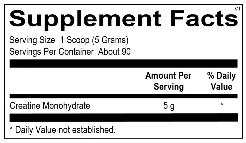 Supplement Facts label for creatine monohydrate powder, 5g per serving, 90 servings