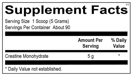 Supplement Facts label for creatine monohydrate powder, 5g per serving, 90 servings