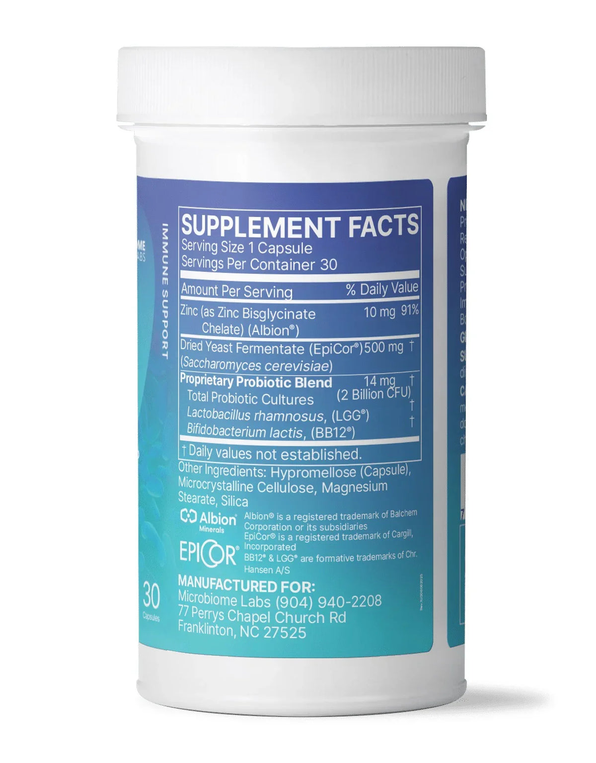 White bottle of probiotic supplement with zinc and EpiCor, showing supplement facts label.