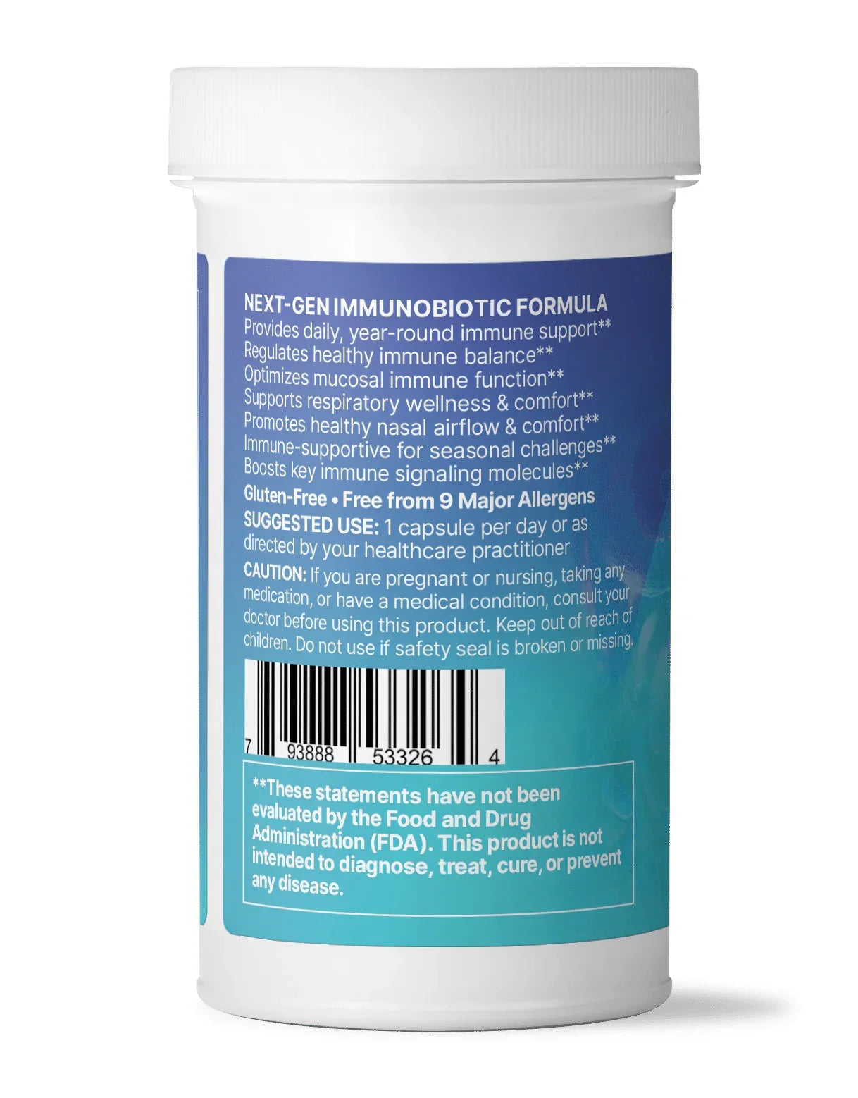White supplement bottle with blue label detailing immune support benefits, usage instructions, and allergen-free claims.