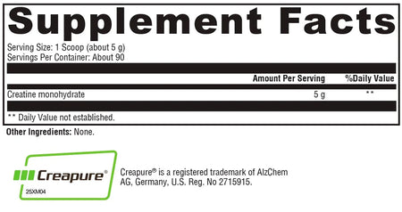 Supplement facts label showing creatine monohydrate, 5g per serving, no other ingredients.