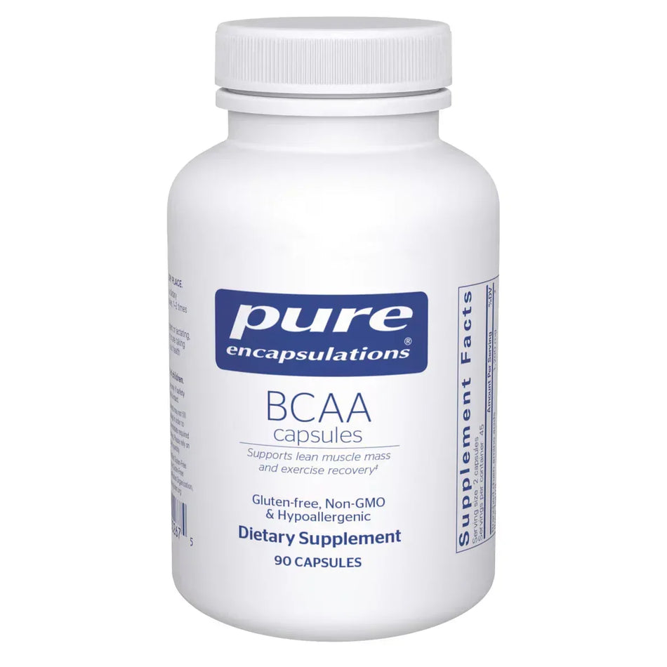 Pure Encapsulations BCAA capsules dietary supplement bottle, 90 gluten-free capsules