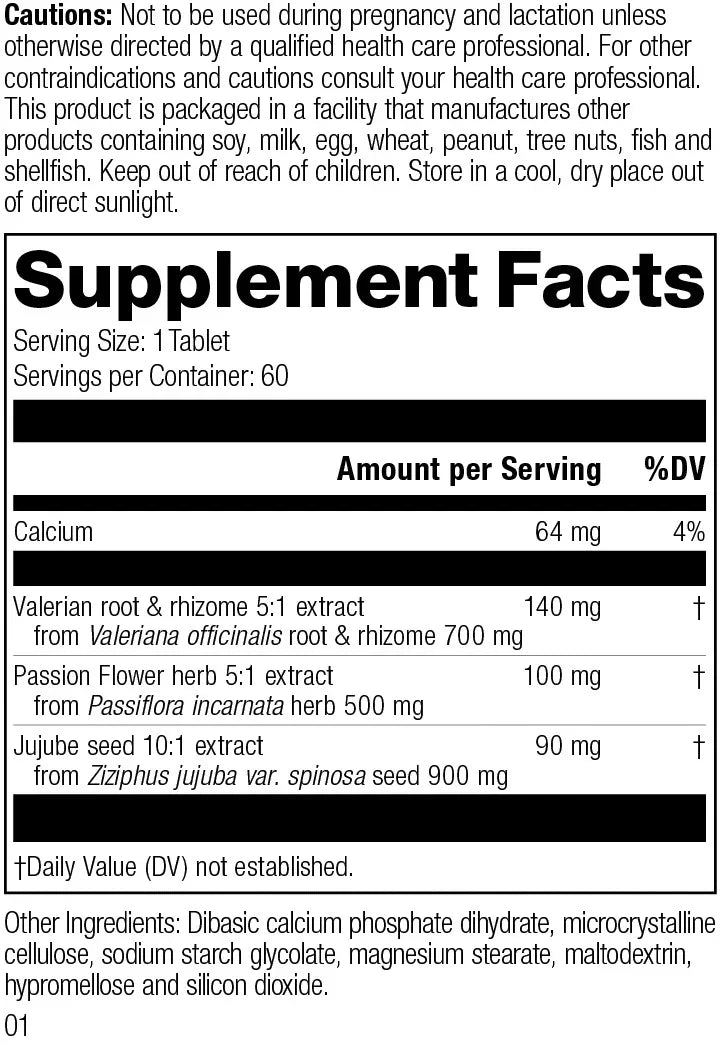 Supplement facts label showing calcium, valerian root, passion flower, and jujube seed extract ingredients.