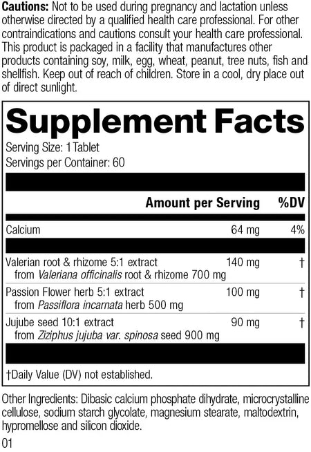 Supplement facts label showing calcium, valerian root, passion flower, and jujube seed extract ingredients.
