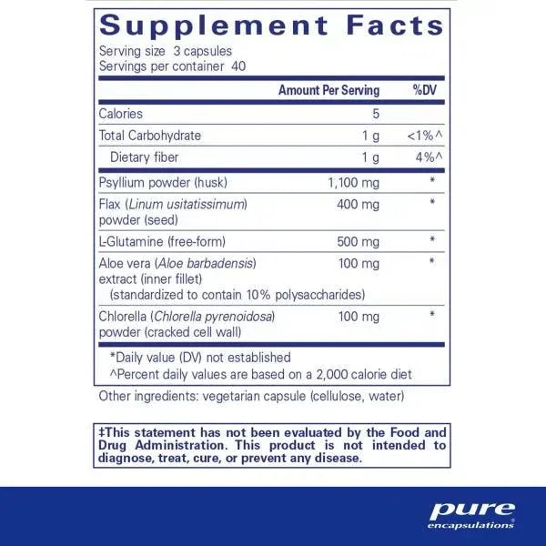 Supplement facts label for capsules with psyllium, flax, L-glutamine, aloe, chlorella