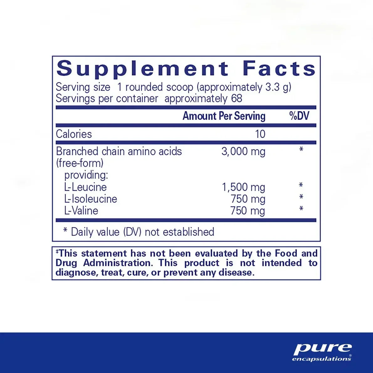 Supplement facts label for branched chain amino acids powder with serving size and ingredients