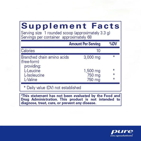 Supplement facts label for branched chain amino acids powder with serving size and ingredients
