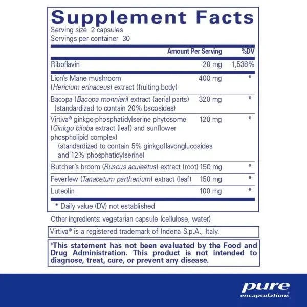 Supplement facts label listing riboflavin, lion's mane mushroom, bacopa extract, ginkgo-phosphatidylserine phytosome, butchers broom, feverfew, luteolin, and other ingredients.