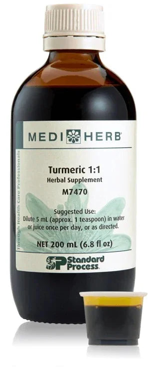 MediHerb Turmeric 1:1 herbal supplement bottle with measuring cup, 200mL liquid extract