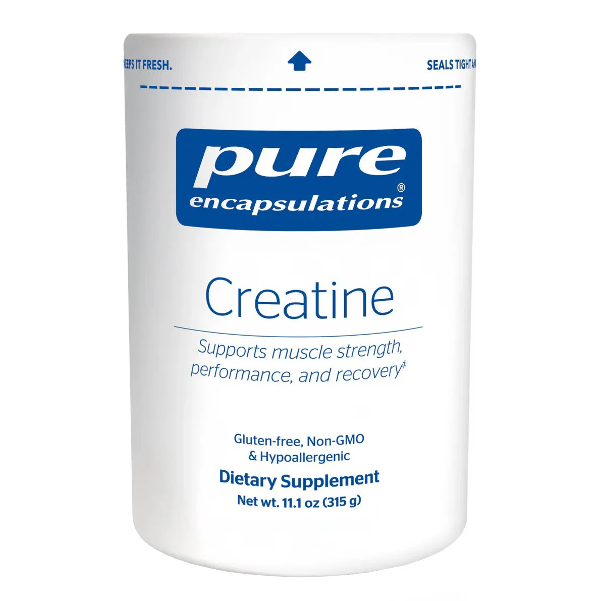 Pure Encapsulations creatine dietary supplement container, gluten-free, non-GMO, hypoallergenic.