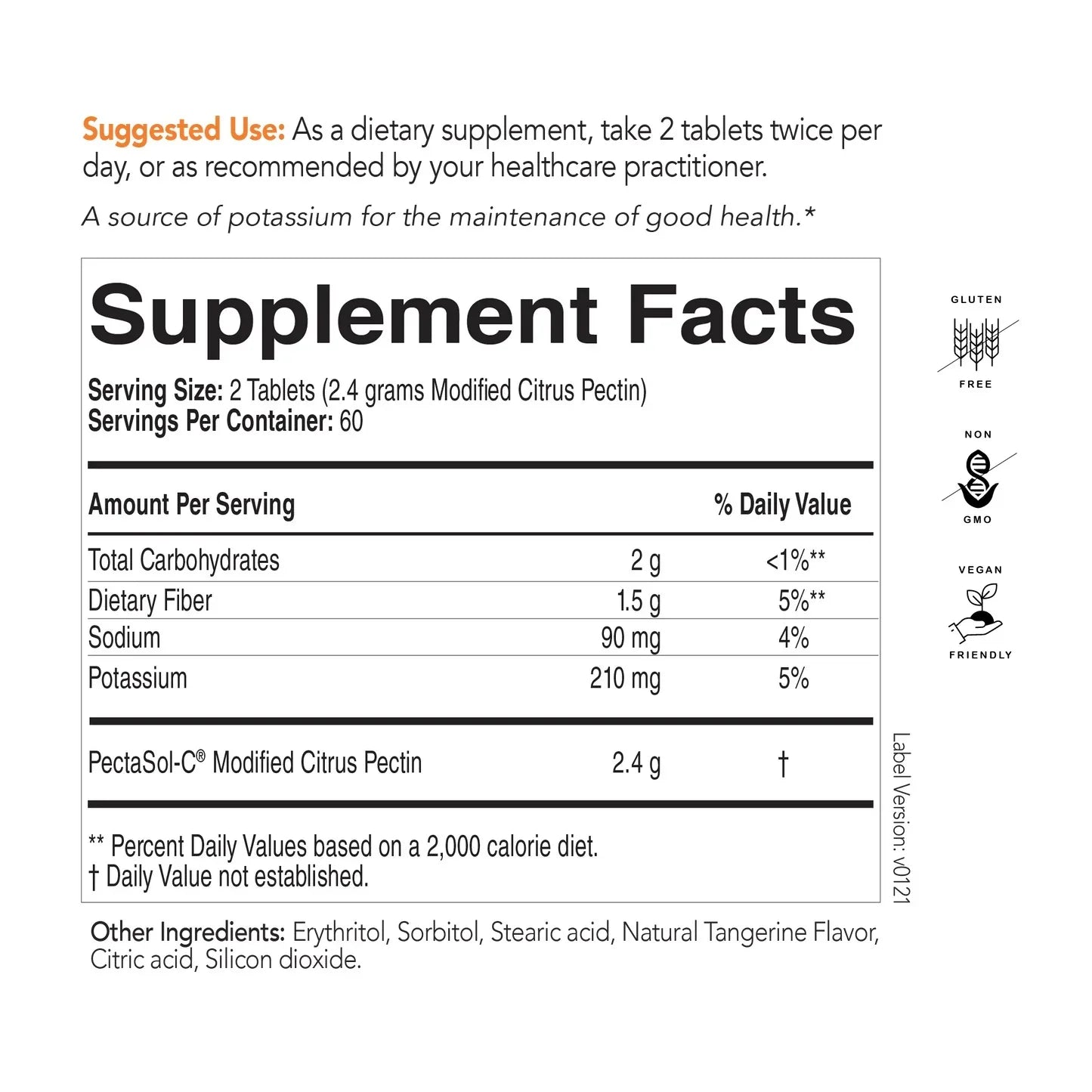 Supplement facts label for PectaSol-C Modified Citrus Pectin tablets, gluten free, non-GMO, vegan friendly.