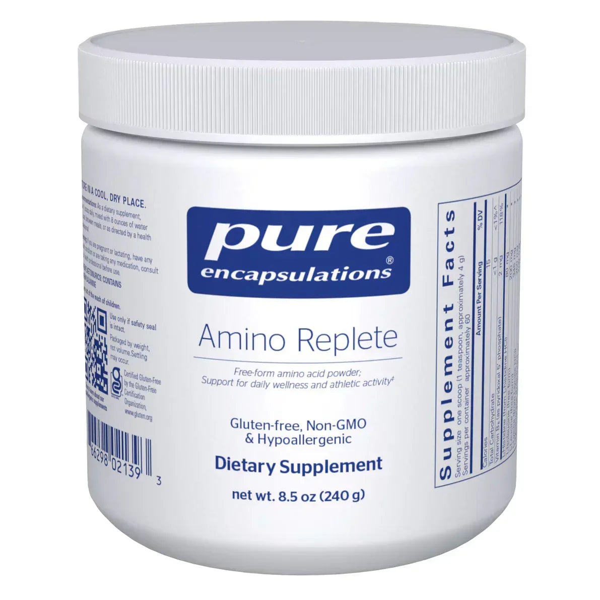 Pure Encapsulations Amino Replete dietary supplement powder container, gluten-free, hypoallergenic, 240g