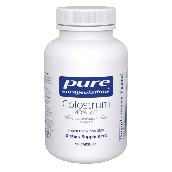 Pure Encapsulations Colostrum 40% IgG dietary supplement bottle, 90 capsules