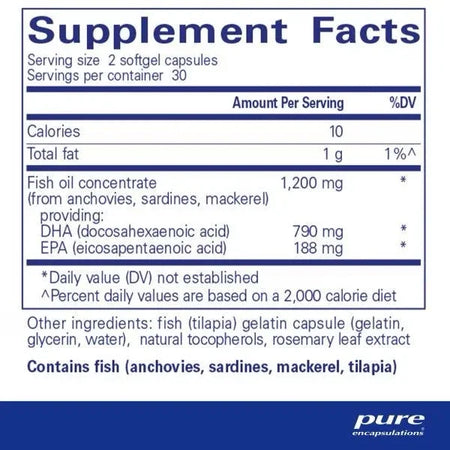 Fish oil supplement facts label showing DHA, EPA content and ingredient list.