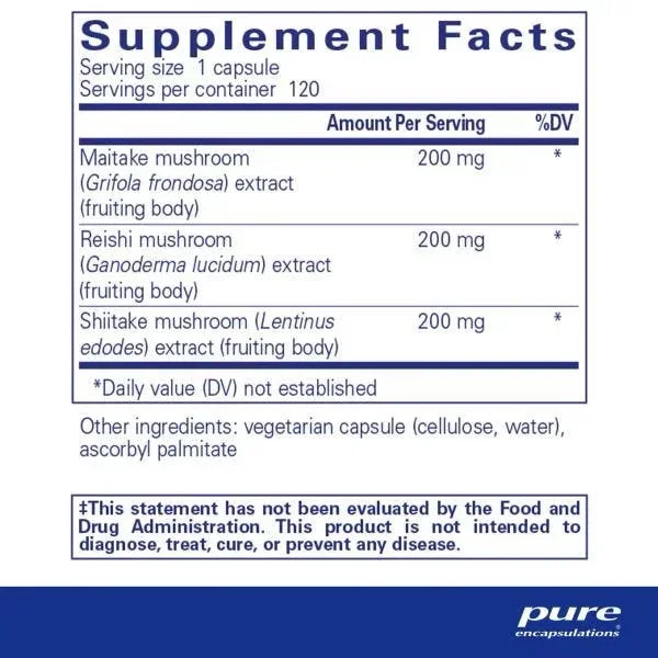 Supplement facts label for mushroom extract capsules with maitake, reishi, shiitake.