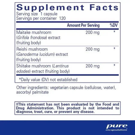 Supplement facts label for mushroom extract capsules with maitake, reishi, shiitake.